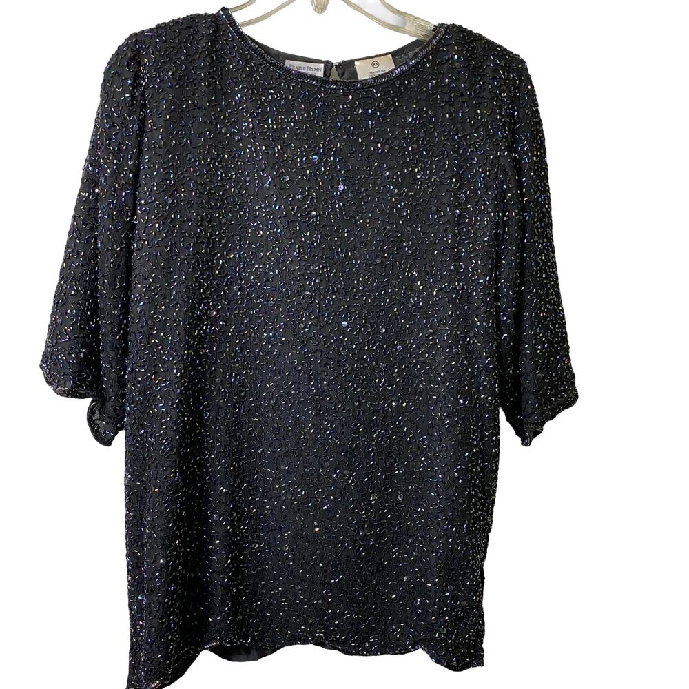 Praise Hymn Beaded Silk Short‎ Sleeve Blouse XS (2571)